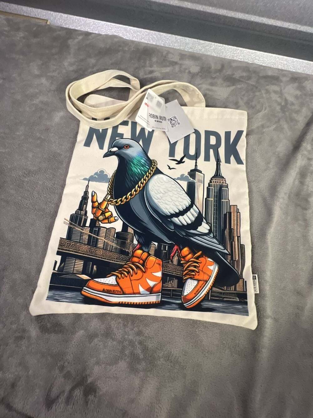 Robin Ruth New York Pigeon with Sneaker and Gold Chain Tote Bag